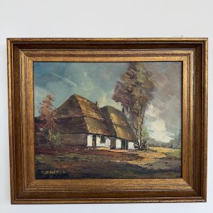 PEJZAŻ OLEJNY NA PŁÓTNIE WIEJSKA CHATA W JESIENNEJ SCENERII M112